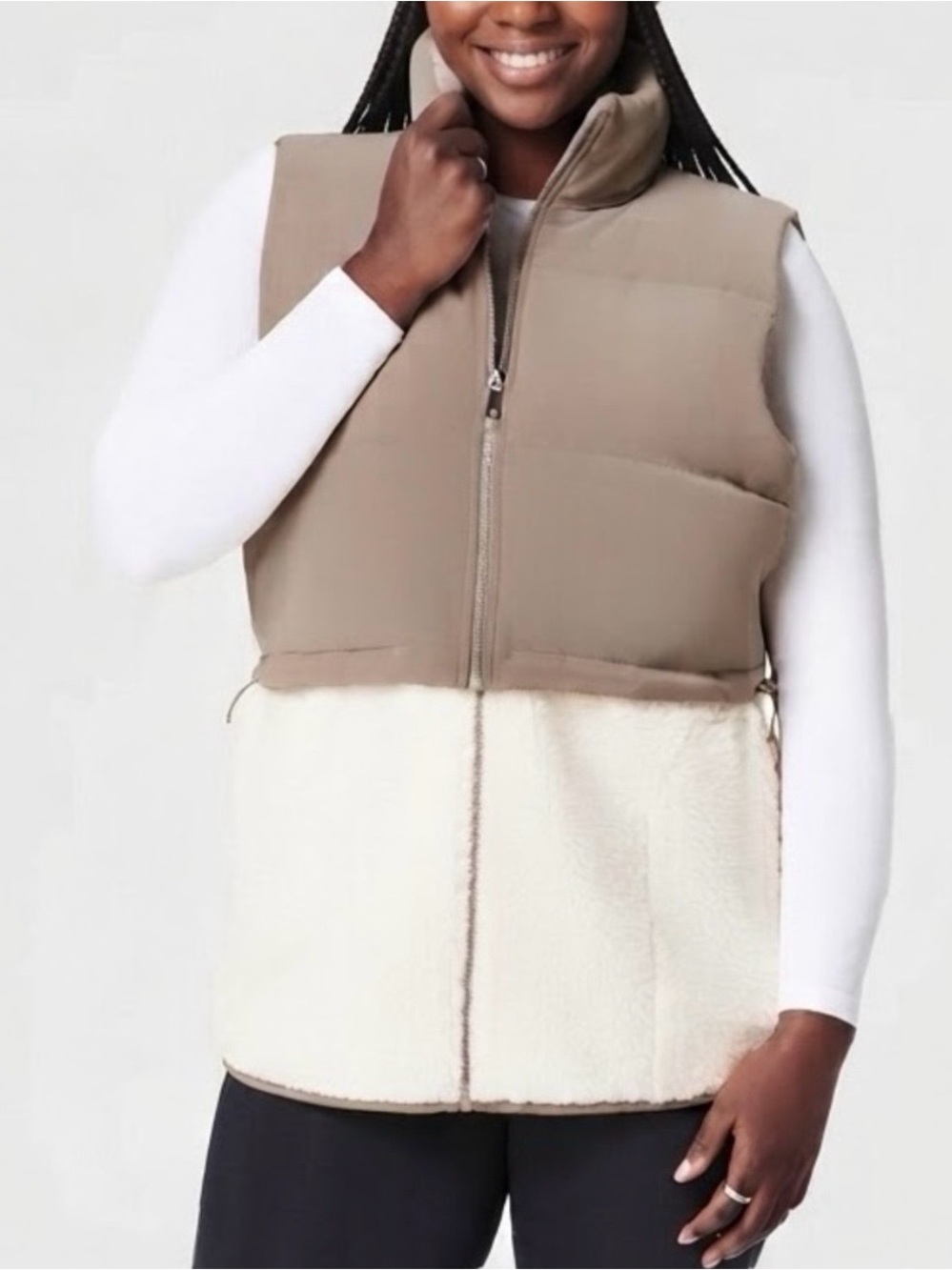 SPANX Two-In-One Velour Fleece Puffer Vest Tan Ivory Combo-NWT-size 1X